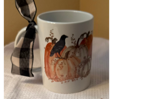 hand Designed 15 oz coffee cup with Pumpkins & Black Crow- handmade Fall Mug hand Designed 15 oz coffee cup with Pumpkins & Black Crow- handmade Fall Mug